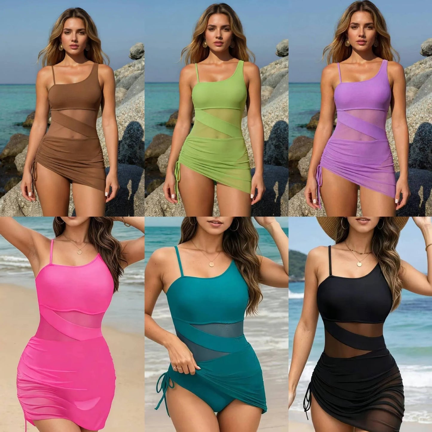 💎 50% ZNIŻKI! 💎 Seksowny jednoczęściowy strój kąpielowy dla kobiet – marszczony, dopasowany krój, wysoki stan modelujący brzuch i prześwitujące detale z siateczki 🩱✨