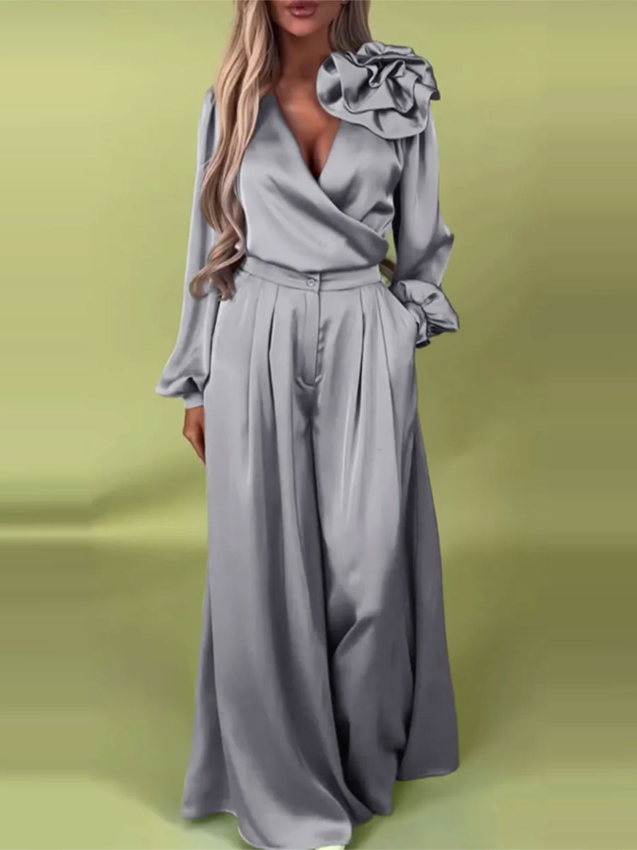 Luxusná súprava so saténovou košeľou a širokými nohavicami-SK