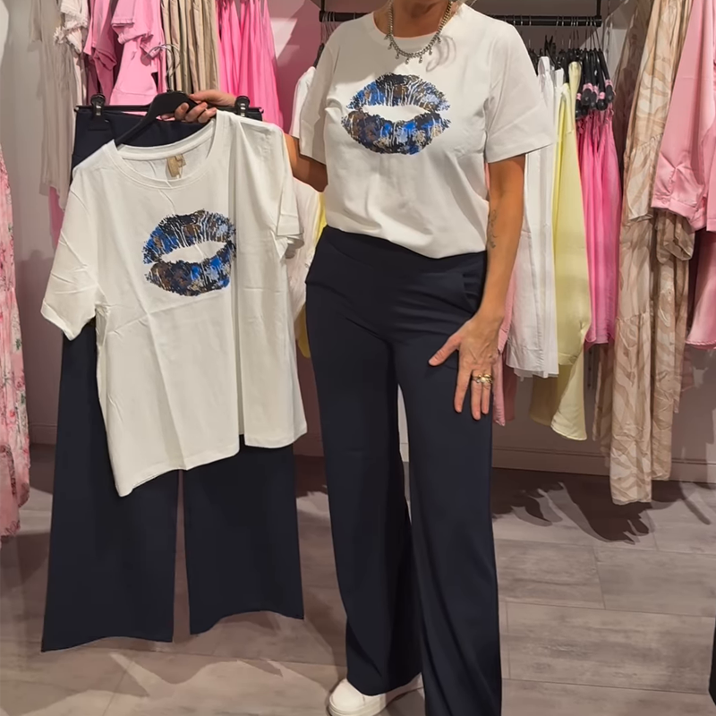 Moteriškas dviejų dalių komplektas su raštu, palaidine ir kelnėmis-LT