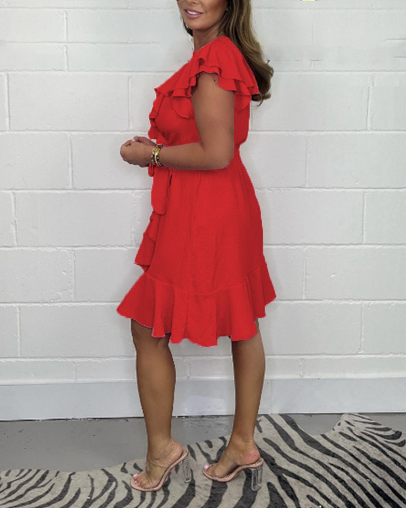 2025 m. vasaros nauja suknelė V formos iškirpte, vienspalvė raukini suknelė-LT