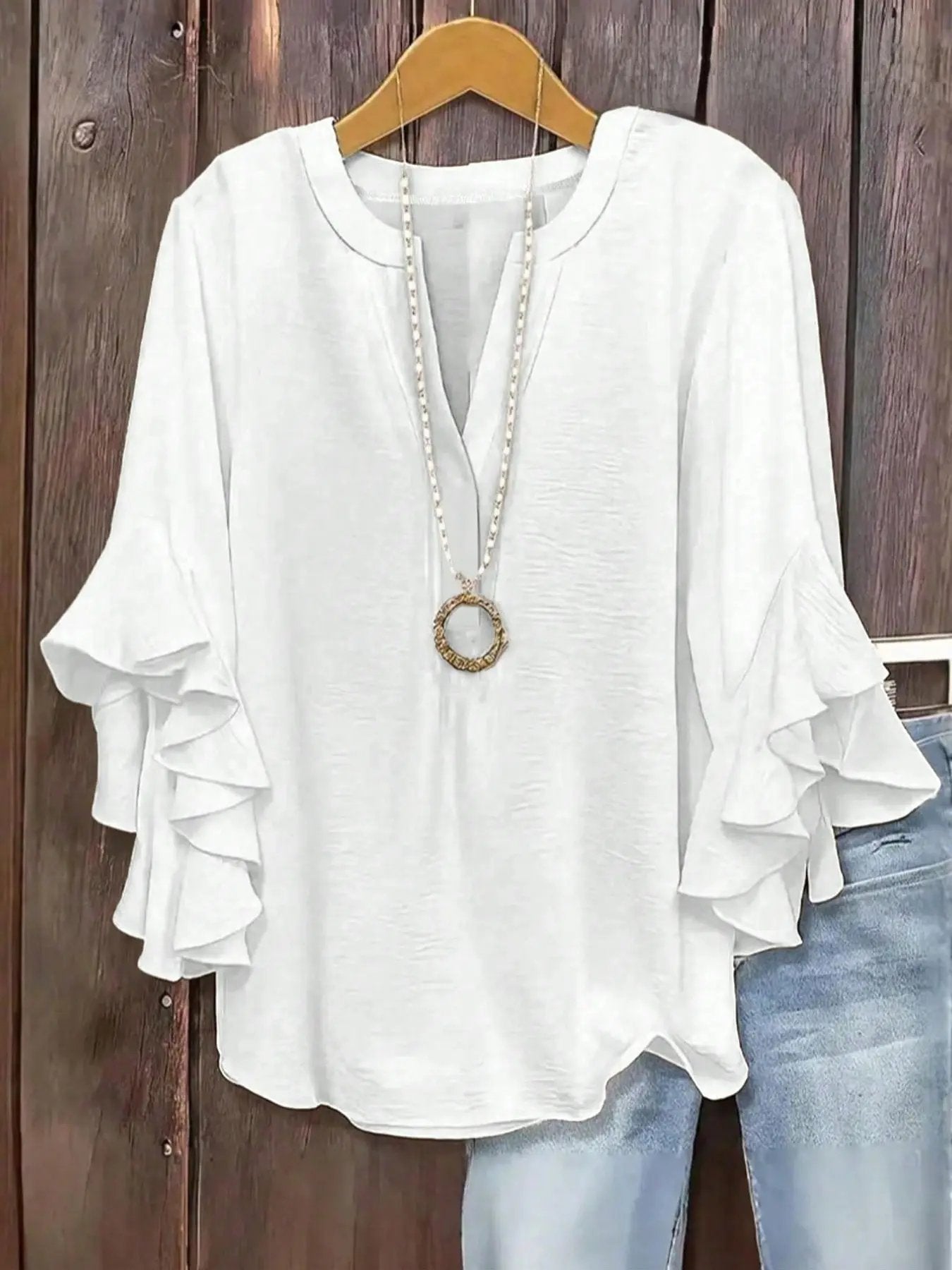 Plus Size Women's Ruffle Sleeve V-Neck Shirt, Elegant Floral Design, Comfortable and Stylish, Perfect for Casual Wear