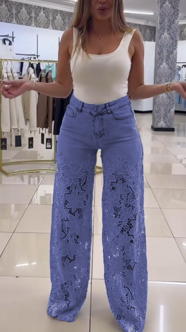 Moteriški elegantiški nėriniuoti džinsai-LT