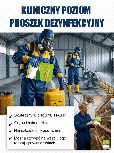 Wysoko wydajny proszek dezynfekujący do hodowli drobiu Zapewnij swoim ptakom czyste i zdrowe środowisko hodowlane – skuteczna dezynfekcja na wyciągnięcie ręki! Bezpieczna ochrona Twojej hodowli – skutecznie eliminuj bakterie i wirusy!