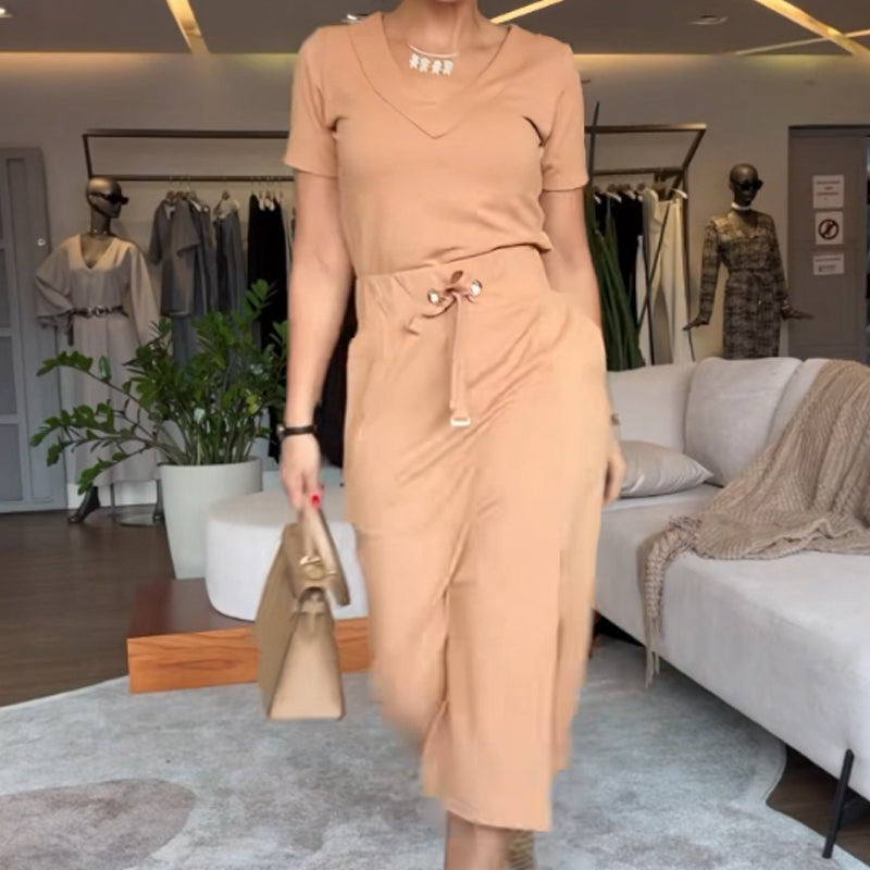 💥Puikūs moteriški marškinėliai V formos iškirpte su midi sijonu👗-LT