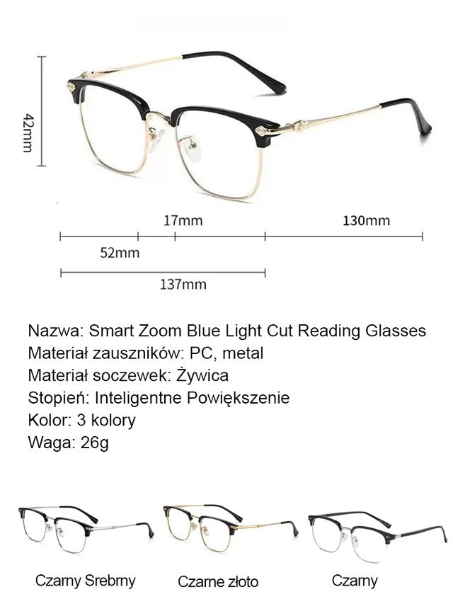 Automatyczne okulary do czytania z funkcją powiększania i filtrem światła niebieskiego