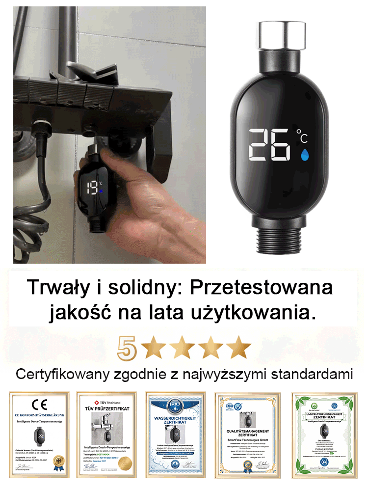 Inteligentny, wodoszczelny wyświetlacz temperatury do słuchawki prysznicowej