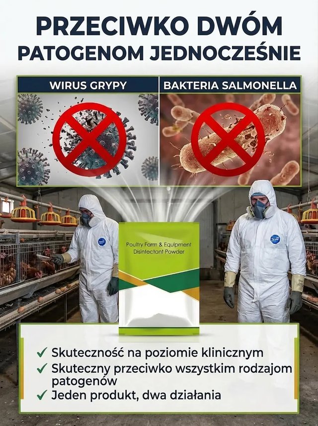 Wysoko wydajny proszek dezynfekujący do hodowli drobiu Zapewnij swoim ptakom czyste i zdrowe środowisko hodowlane – skuteczna dezynfekcja na wyciągnięcie ręki! Bezpieczna ochrona Twojej hodowli – skutecznie eliminuj bakterie i wirusy!