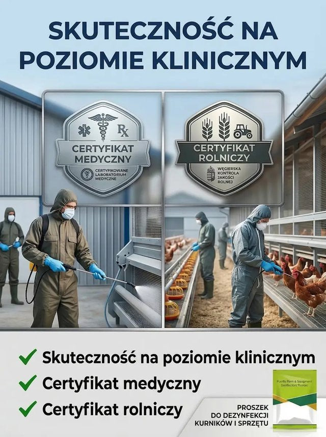 Wysoko wydajny proszek dezynfekujący do hodowli drobiu Zapewnij swoim ptakom czyste i zdrowe środowisko hodowlane – skuteczna dezynfekcja na wyciągnięcie ręki! Bezpieczna ochrona Twojej hodowli – skutecznie eliminuj bakterie i wirusy!
