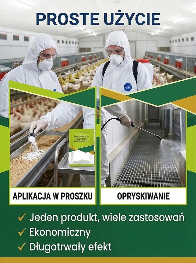 Wysoko wydajny proszek dezynfekujący do hodowli drobiu Zapewnij swoim ptakom czyste i zdrowe środowisko hodowlane – skuteczna dezynfekcja na wyciągnięcie ręki! Bezpieczna ochrona Twojej hodowli – skutecznie eliminuj bakterie i wirusy!
