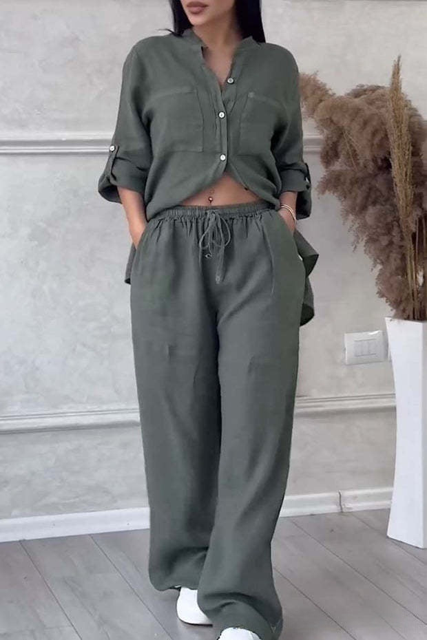 🌸Γυναικείο φόρεμα δύο τεμαχίων από βαμβάκι και λινό. Πουκάμισα και παντελόνια με κουμπιά-GR