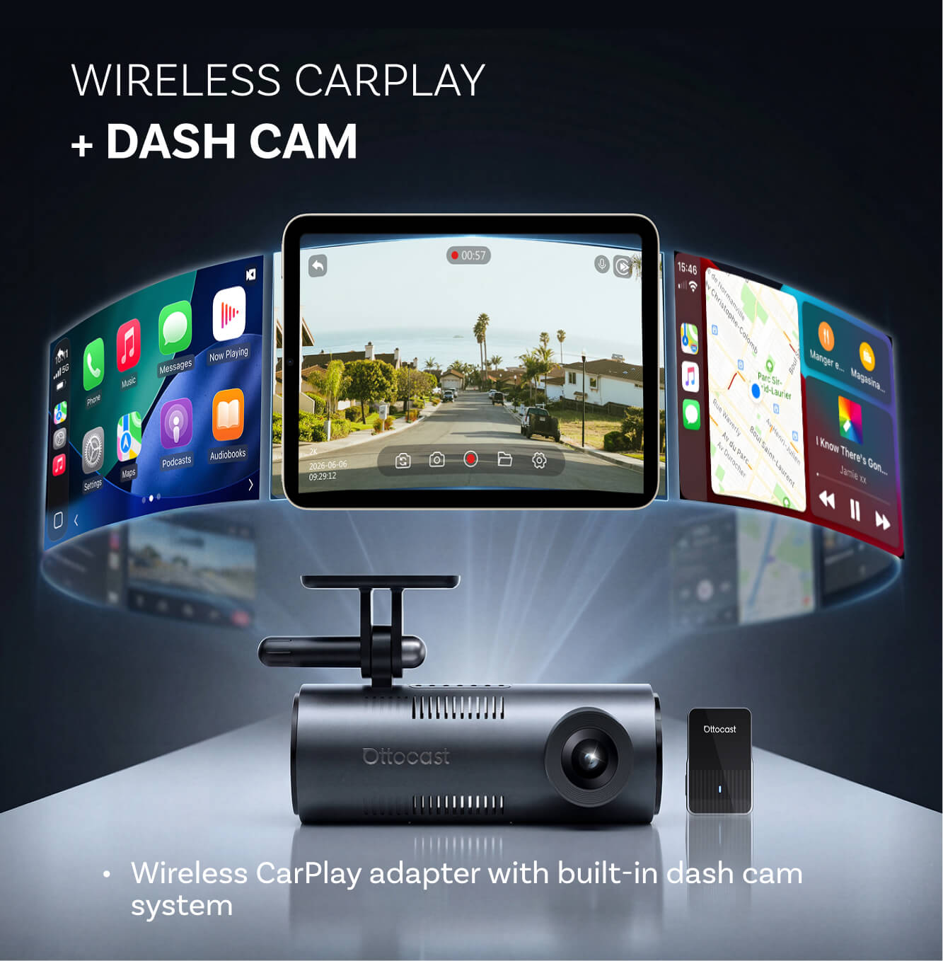 OttoSafe Cam 3 w 1: podwójna kamera samochodowa i bezprzewodowy adapter CarPlay