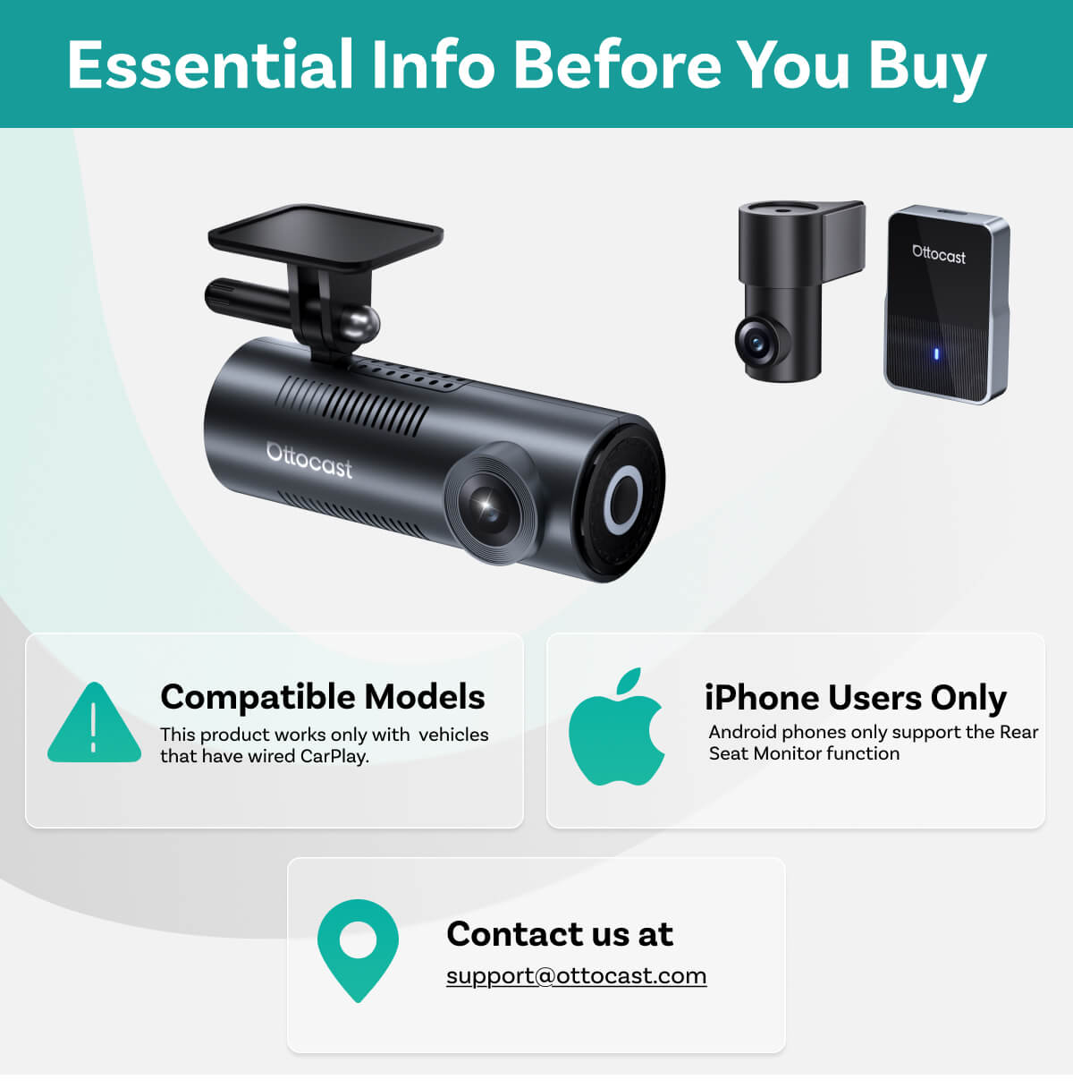 OttoSafe Cam 3 w 1: podwójna kamera samochodowa i bezprzewodowy adapter CarPlay