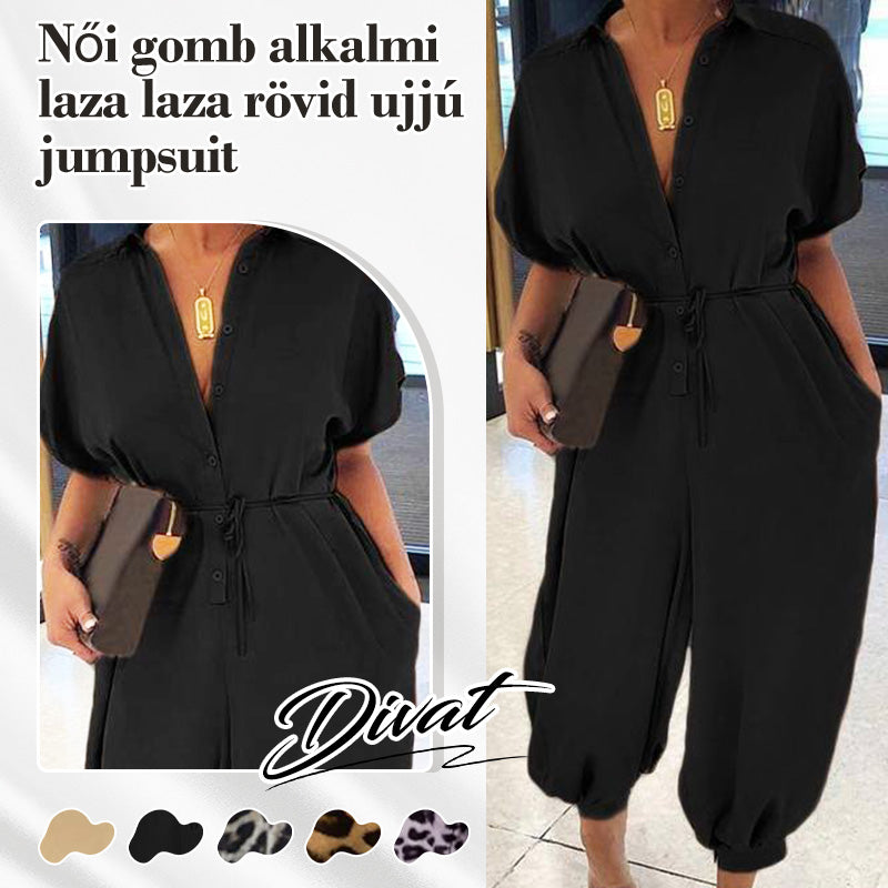 💜✨Γυναικεία φόρμα ολόσωμα με κουμπιά, φαρδιά γραμμή και κοντά μανίκια-GR