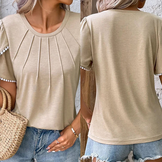 🔥Νέο γυναικείο casual μονόχρωμο μπλουζάκι με στρογγυλή λαιμόκοψη και δαντέλα-GR