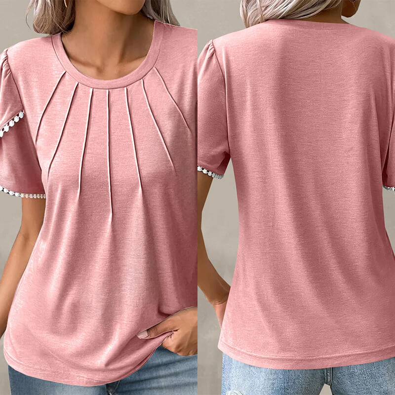 🔥Nauji moteriški laisvalaikio stiliaus vienspalviai nėriniuoti marškinėliai apvaliu kaklu-LT