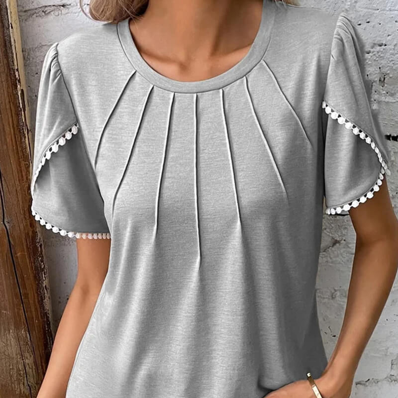 🔥Nauji moteriški laisvalaikio stiliaus vienspalviai nėriniuoti marškinėliai apvaliu kaklu-LT