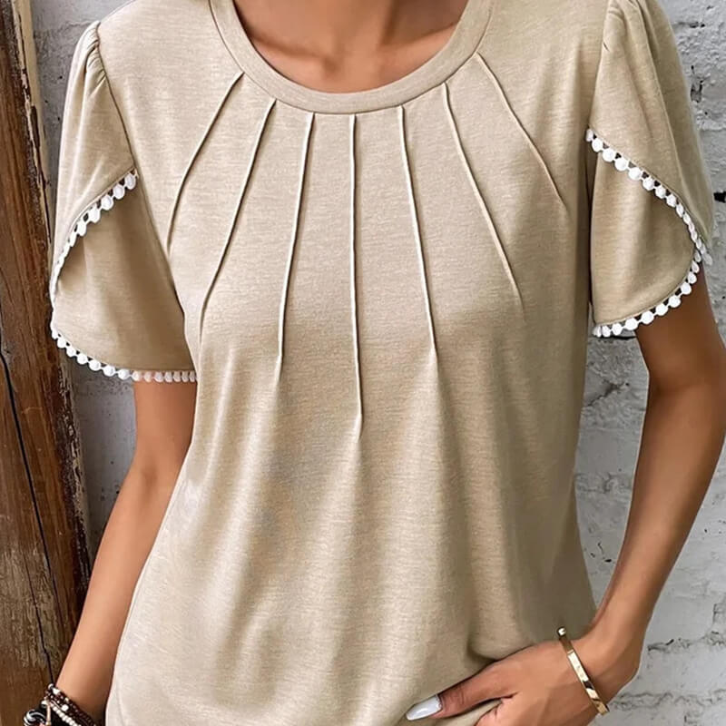 🔥Nauji moteriški laisvalaikio stiliaus vienspalviai nėriniuoti marškinėliai apvaliu kaklu-LT