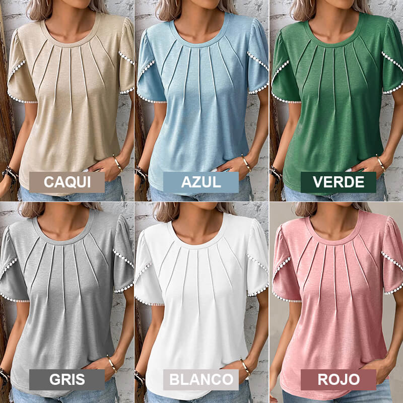 🔥Nauji moteriški laisvalaikio stiliaus vienspalviai nėriniuoti marškinėliai apvaliu kaklu-LT