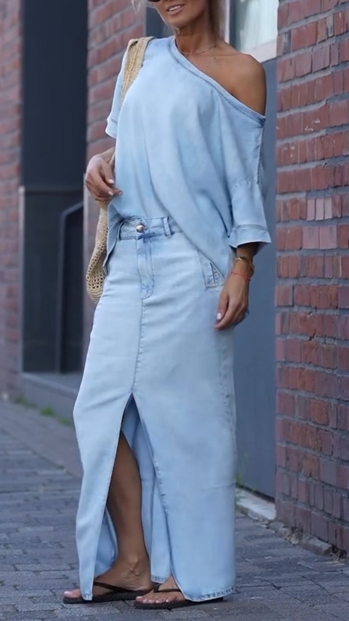 Γυναικείο Casual Κοστούμι με Στρογγυλή Λαιμόκοψη σε Χρώμα Tencel Denim-GR