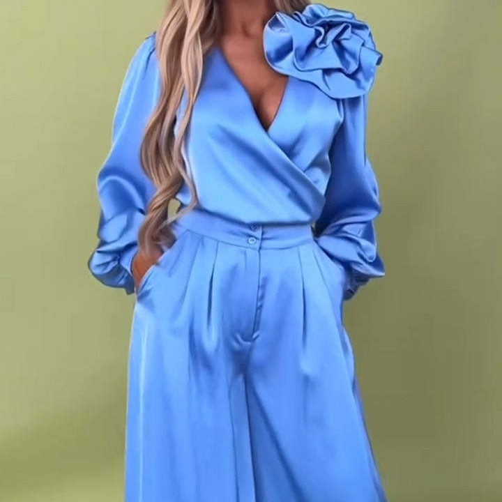 Prabangus komplektas su atlasiniais marškiniais ir plačiomis kelnėmis-LT