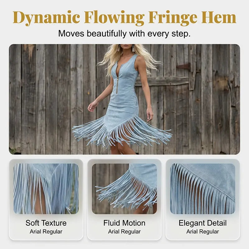 LIMITED-TIME 50% OFF! ✨ Retro Western Tassel Sleeveless Slim Dress – Fringe Hem, Front Zipper, Cowgirl Style