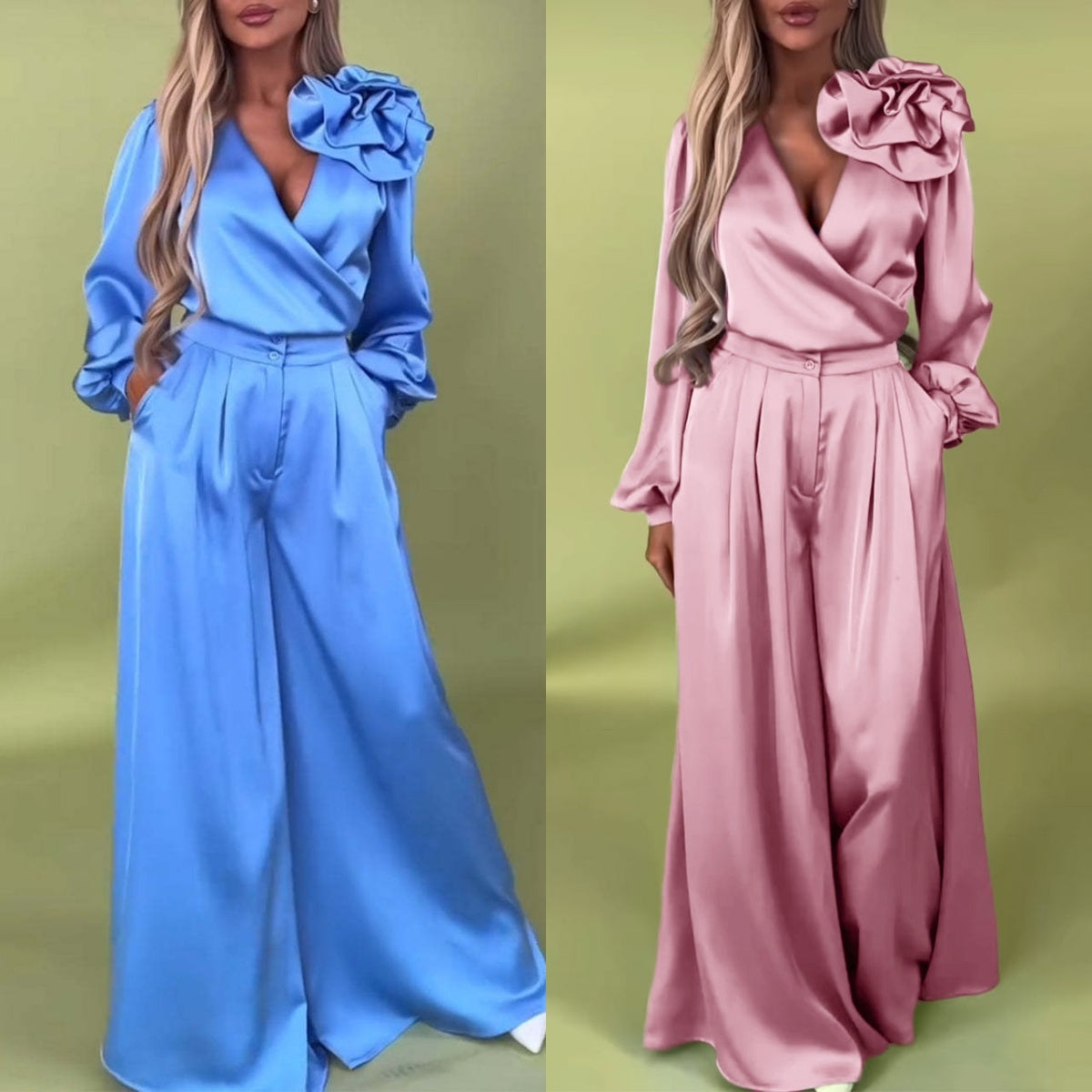 Luxusná súprava so saténovou košeľou a širokými nohavicami-SK