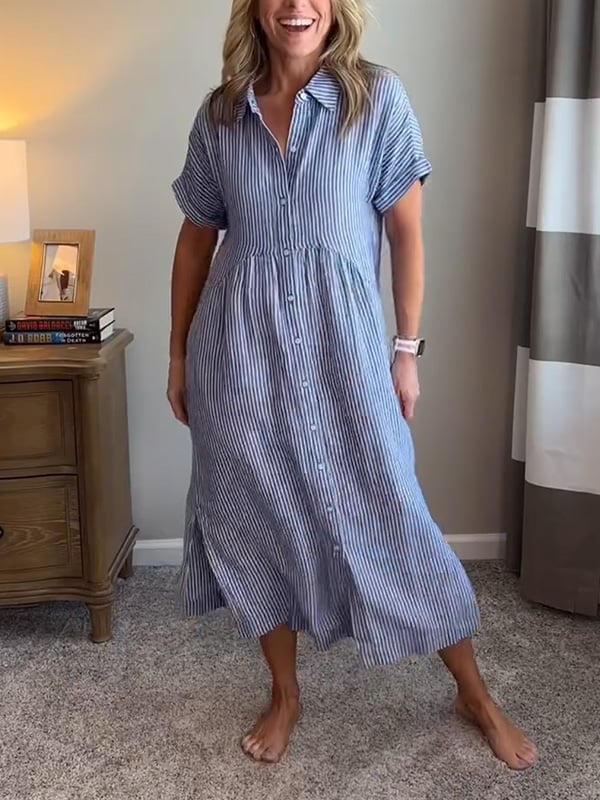 Dryžuota marškinių suknelė su sagomis užsegamais atlapais | Su funkcionaliomis kišenėmis-LT