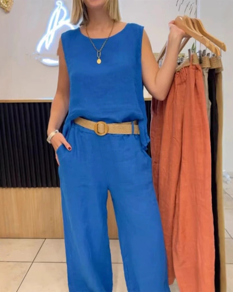 Vienspalvis medvilninis ir lininis kelnių komplektas be rankovių-LT