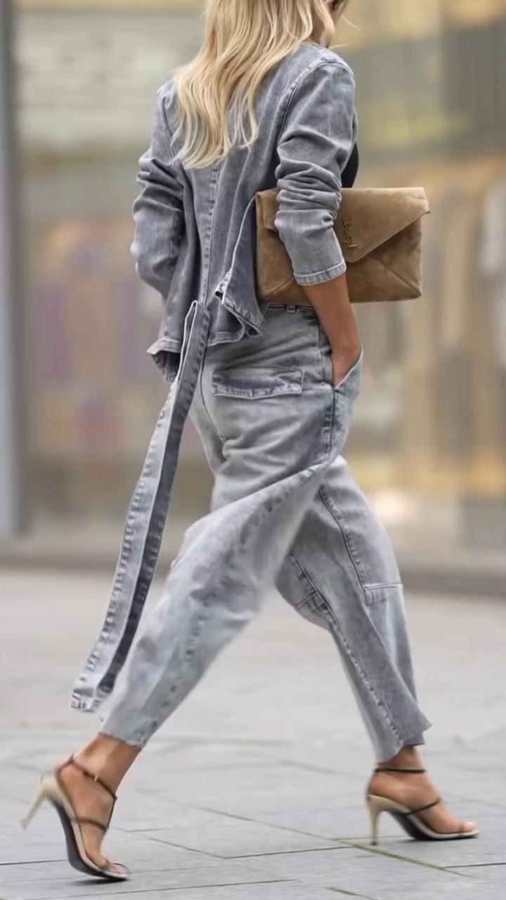 Moteriškas apvalios iškirptės paltas ir kelnės laisvalaikio komplekte-LT