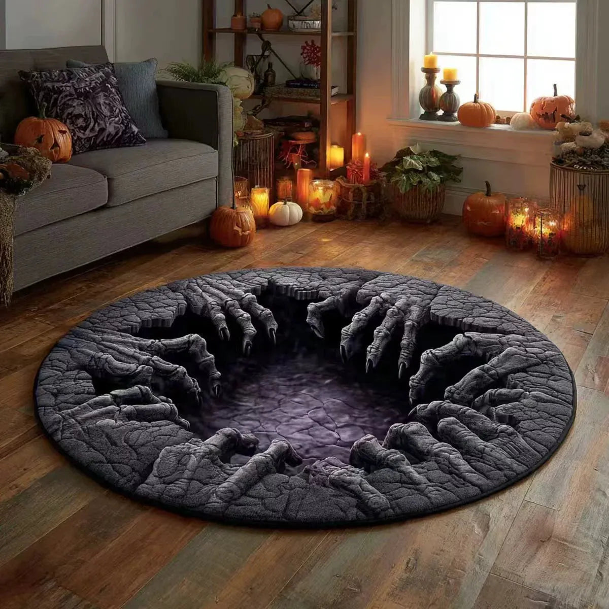🔥Ostatnia wyprzedaż🎃Pikowany okrągły dywan na Halloween z trójwymiarowym szkieletem i spiralą