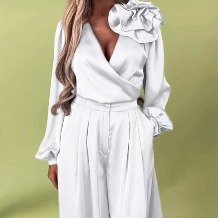 Prabangus komplektas su atlasiniais marškiniais ir plačiomis kelnėmis-LT