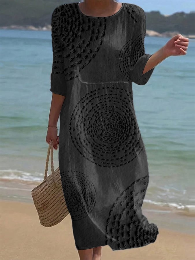 Γυναικείο Καθημερινό Μονόχρωμο Φόρεμα με Στρογγυλή Λαιμόκοψη και Μεσαίο Μανίκι, Φλοράλ Στάμπα, από Βαμβάκι και Λινό-GR