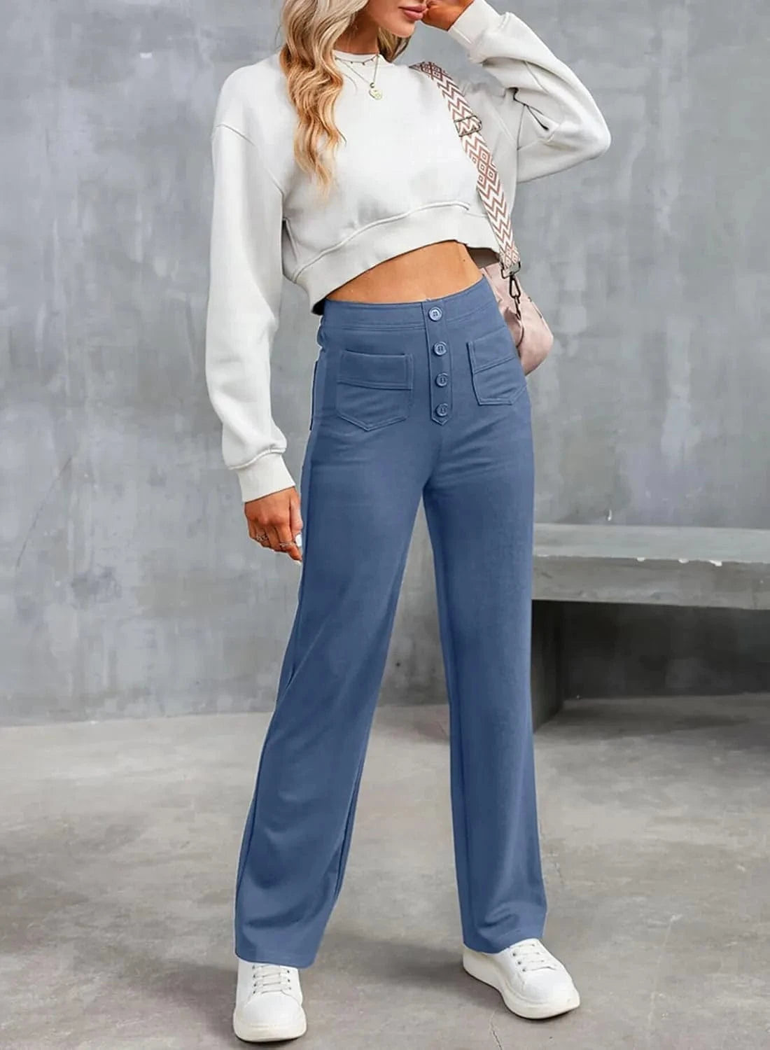 Elastinės laisvalaikio kelnės aukštu juosmeniu-LT