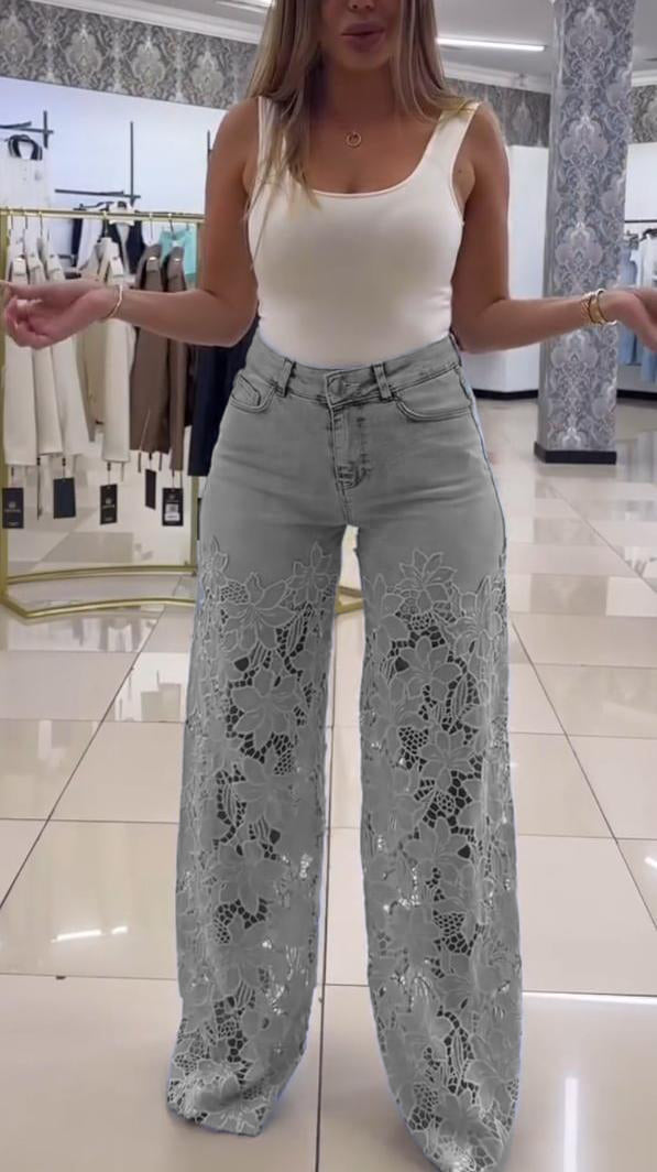 Moteriški elegantiški nėriniuoti džinsai-LT