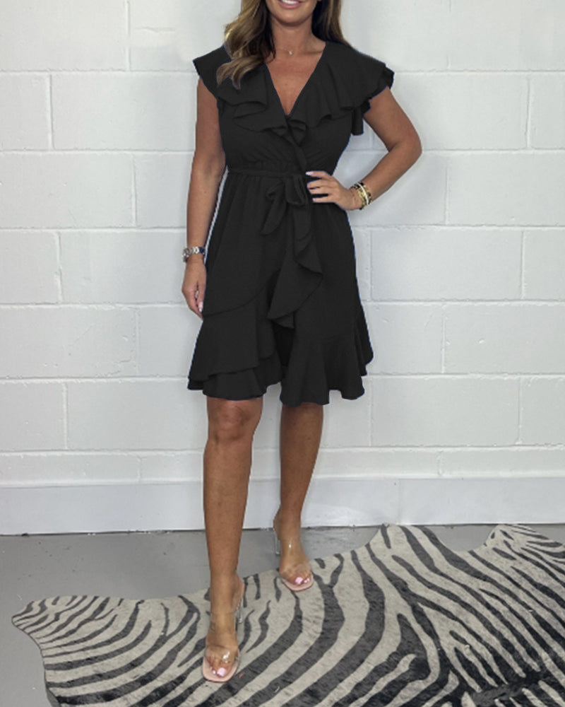 2025 m. vasaros nauja suknelė V formos iškirpte, vienspalvė raukini suknelė-LT