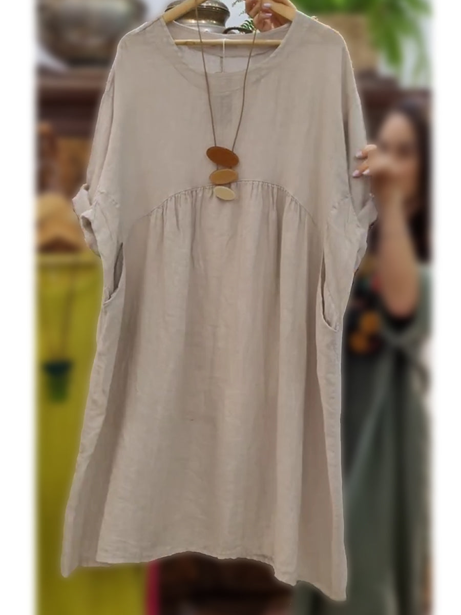 Moteriška medvilninė ir lininė suknelė su kišenėmis-LT