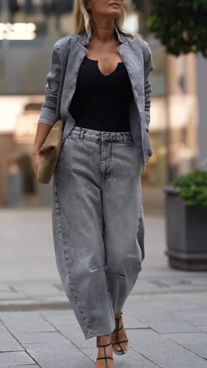 Moteriškas apvalios iškirptės paltas ir kelnės laisvalaikio komplekte-LT