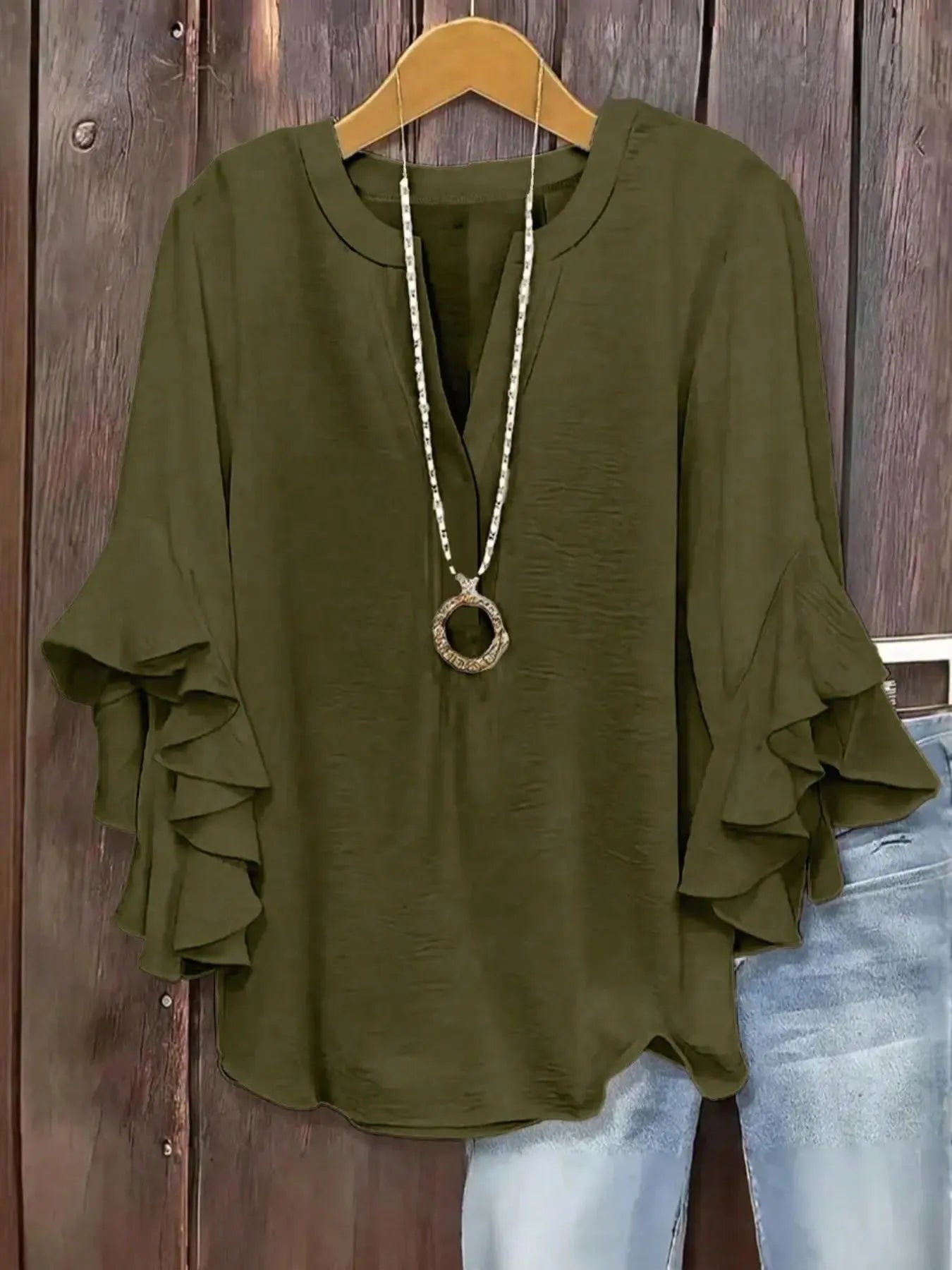Plus Size Women's Ruffle Sleeve V-Neck Shirt, Elegant Floral Design, Comfortable and Stylish, Perfect for Casual Wear