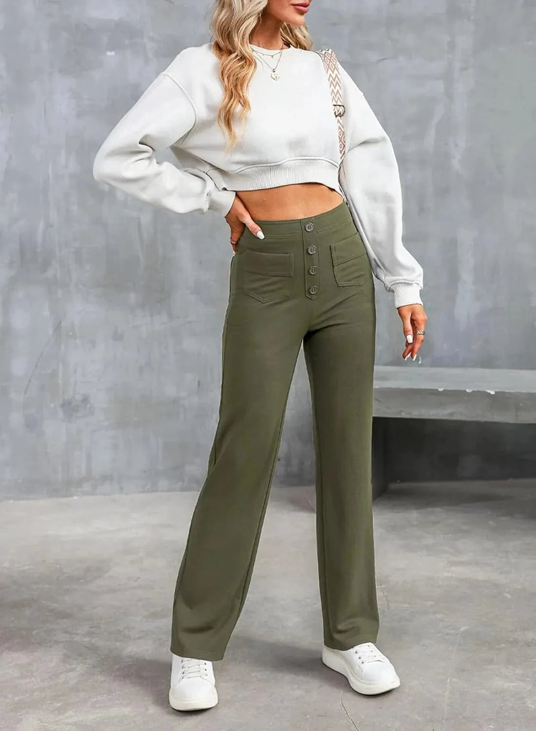 Elastinės laisvalaikio kelnės aukštu juosmeniu-LT