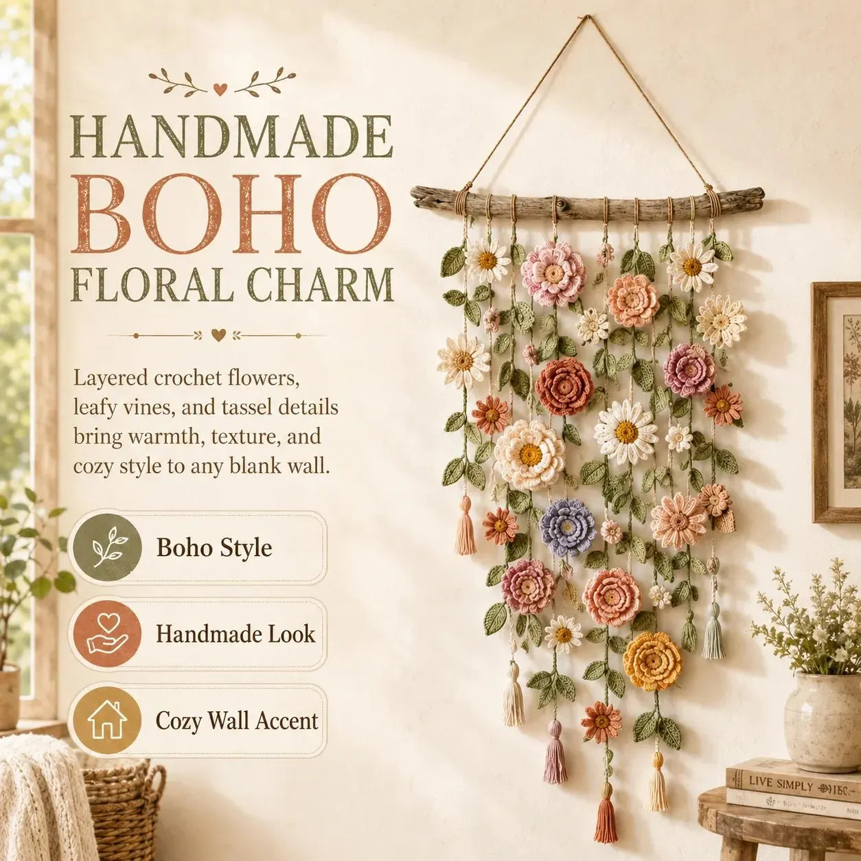 🌸Boho szydełkowa dekoracja ścienna z kwiatami