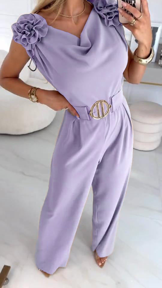 Moteriškas vasarinis kombinezonas be rankovių su 3D gėlių raštu ir V formos iškirpte-LT