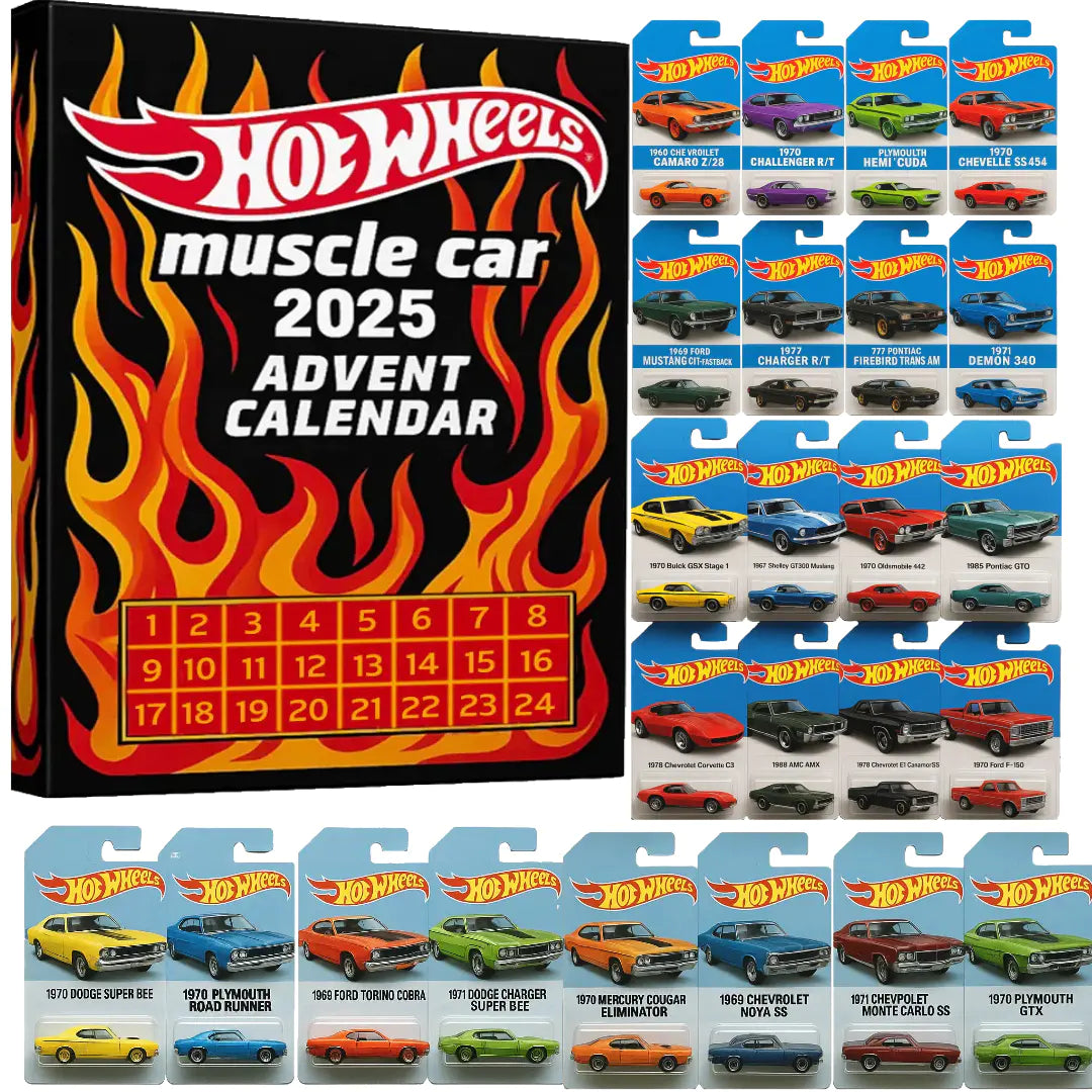 🔥Išpardavimas – 50 % nuolaida🔥 – 🚗„Hot Wheels“ žaislinių automobilių „Muscle“ advento kalendorius – 24 dienos 2025 m.🎄-LT