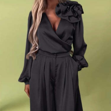 Prabangus komplektas su atlasiniais marškiniais ir plačiomis kelnėmis-LT