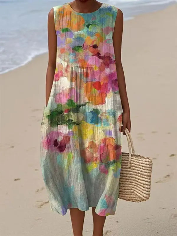 Moteriška vasarinė suknelė apvalia iškirpte be rankovių-LT