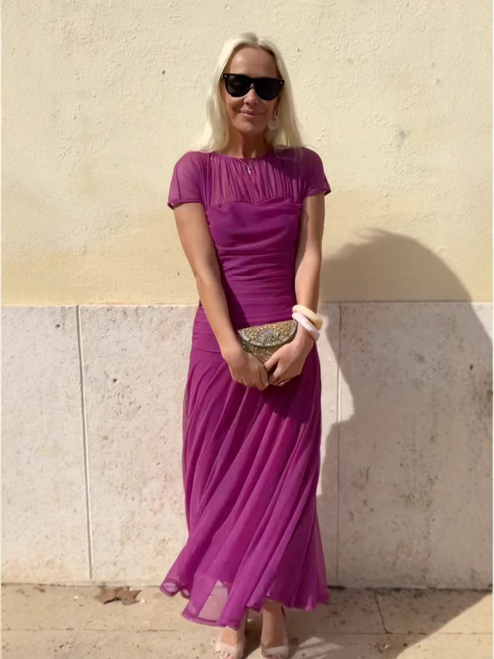 Moteriška laisvalaikio stiliaus šifono suknelė su apvalia apykakle ir siūlėmis-LT