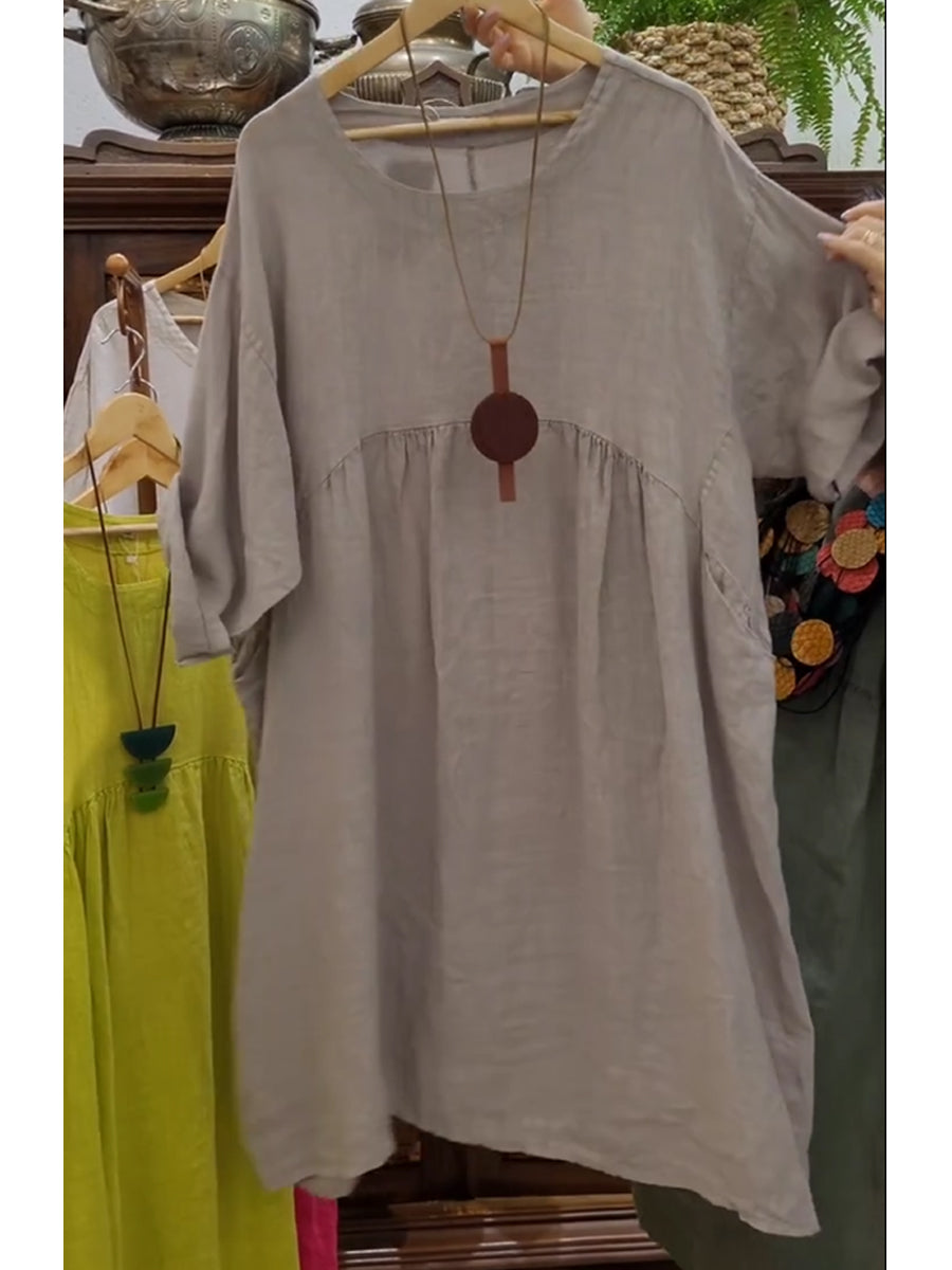 Moteriška medvilninė ir lininė suknelė su kišenėmis-LT