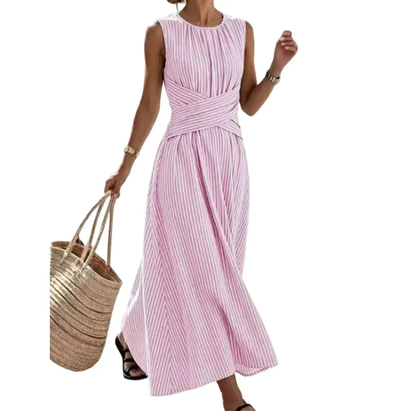 👗OGRANICZONA CZASOWO ZNIŻKA 50%! Damska sukienka maxi bez rękawów w paski podkreślająca talię