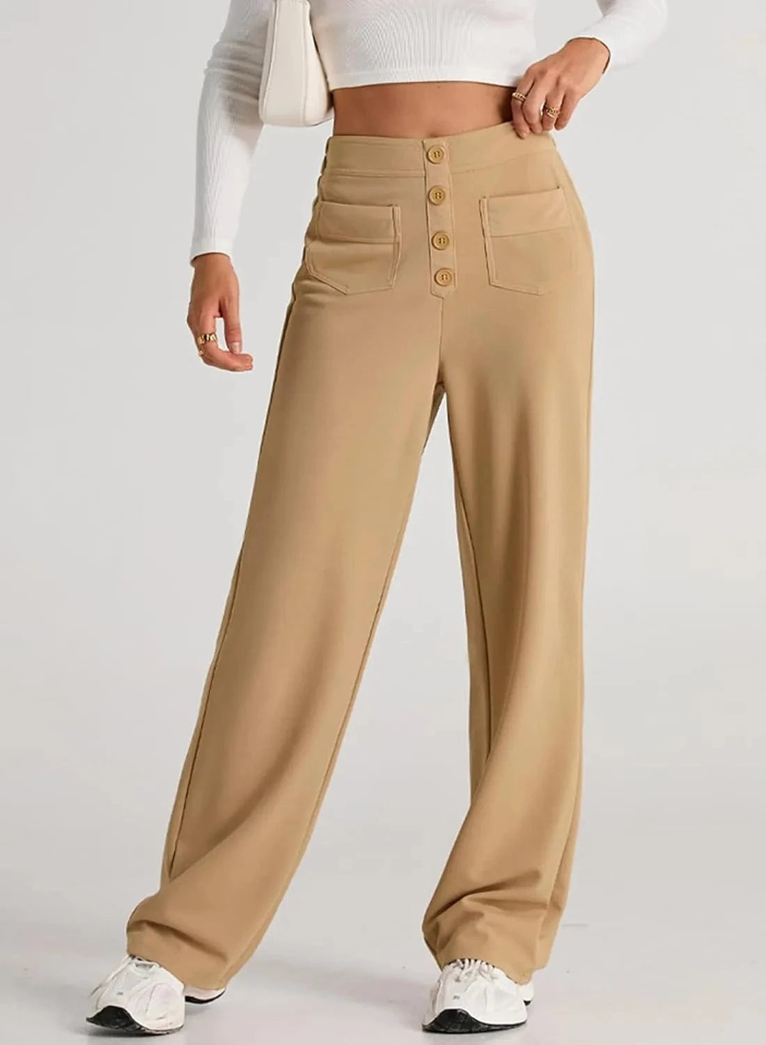 Elastinės laisvalaikio kelnės aukštu juosmeniu-LT