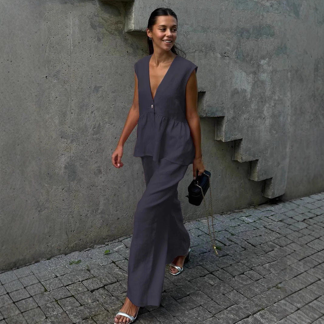 Moteriškas dviejų dalių komplektas iš vientisos medvilnės, V formos iškirptė, be rankovių, palaidinė ir kelnės-LT