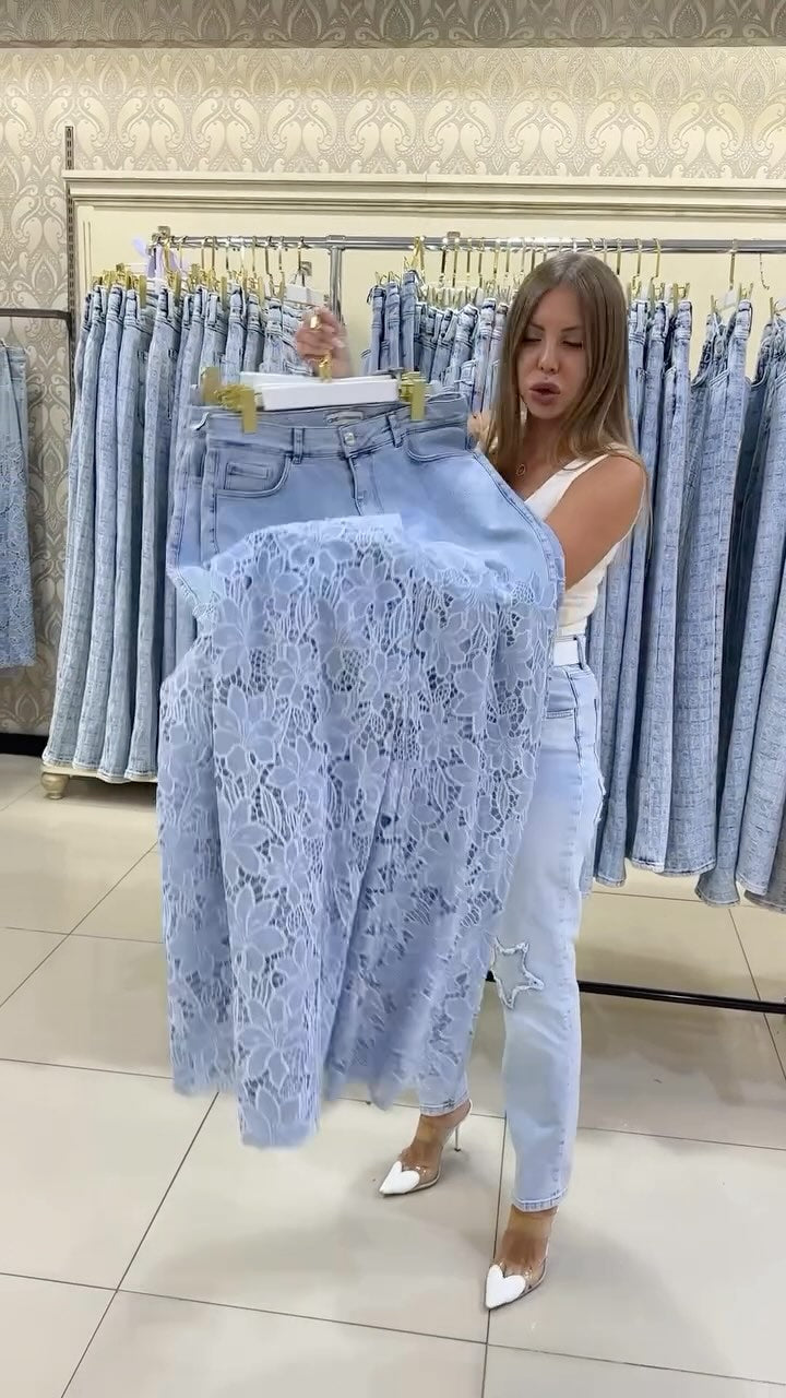 Moteriški elegantiški nėriniuoti džinsai-LT